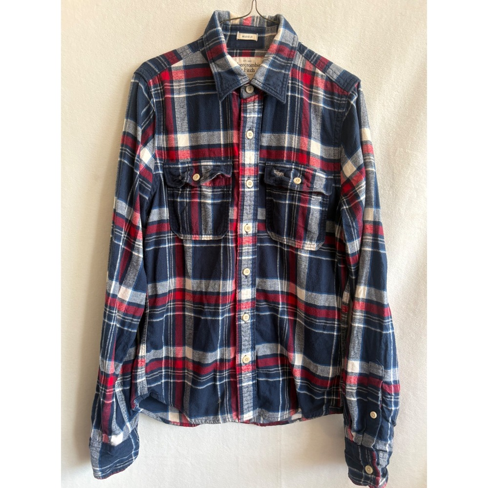 Abercrombie & Fitch Mens Muscle Fit Flannel Shirt Navy Red Plaid Large L